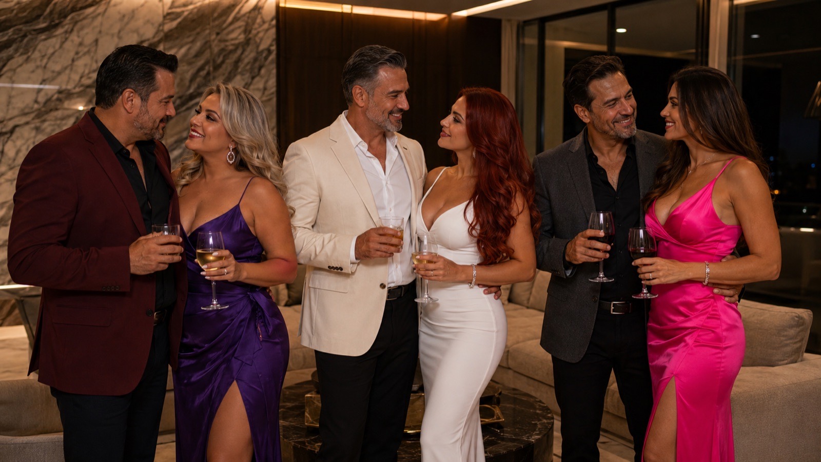 Parejas hispanas socializando en un ambiente lifestyle elegante, privado y respetuoso
